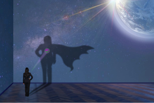 woman standing in front of a wall with night sky. the woman is projecting her shadow that has a superhero cape