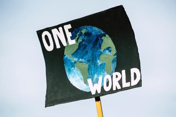 White background, Black poster with a drawing of a earth in the middle and the text "ONE WORLD" in white.