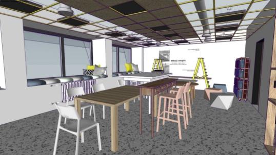 Pictures of one of the student team design concept, showing an example of the furnishing of the hub and floor plan.