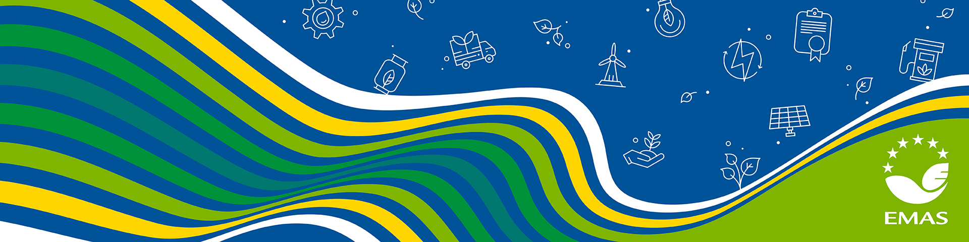 Horizontal banner with yellow, green and blue waves coming from left to the right, blue background on the right with small icons representing renewable energy resources, and green bottom right corner with the EMAS logo  