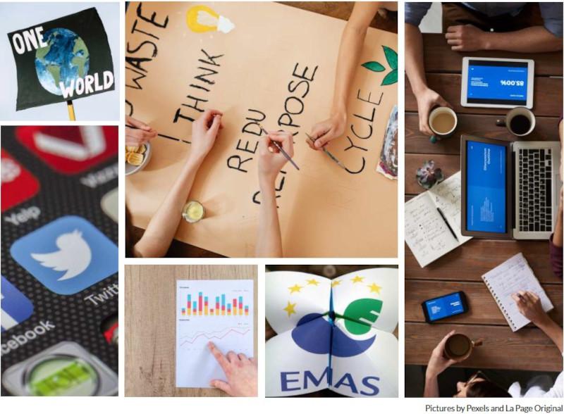 Collage with six visuals. A poster with a globe and the text 'one world', social media app icons, EMAS logo, people in a meeting with laptops, someone sharing a graph and people working on a climate poster