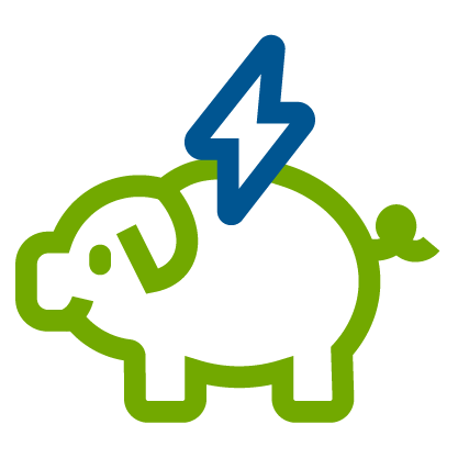 Energy and Resource Savings icon. A small green piggybank with a blue lightning on the back.