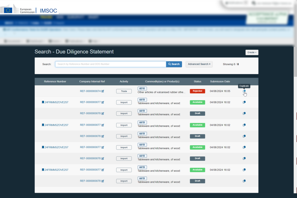 EUDR-IS due diligence statements dashboard