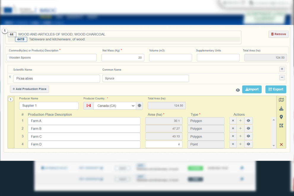 screenshot of EUDR-IS products due diligence form