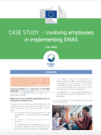 First page of the case study. Green heading with the title in white “Involving employees in implementing EMAS”. EMAS logo in the middle of the page. One column of written text on the left and half of written text and and image showing people speaking on the right.  