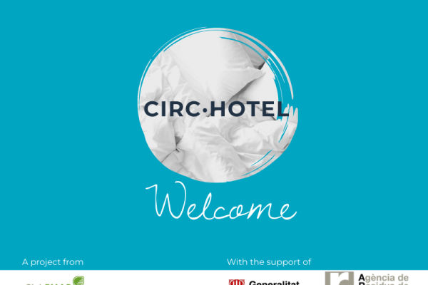 CIRC-Hotel logo. Bubble with white pillow and bed sheets inside, on a light blue background with the labels "CIRC HOTEL" and "Welcome". On the bottom the label "A project from" with the logo of "Club EMAS" and the label "With the support of " with the logos of Generalitat de Catalunya" and "Agencia de Residus de Catalunya"